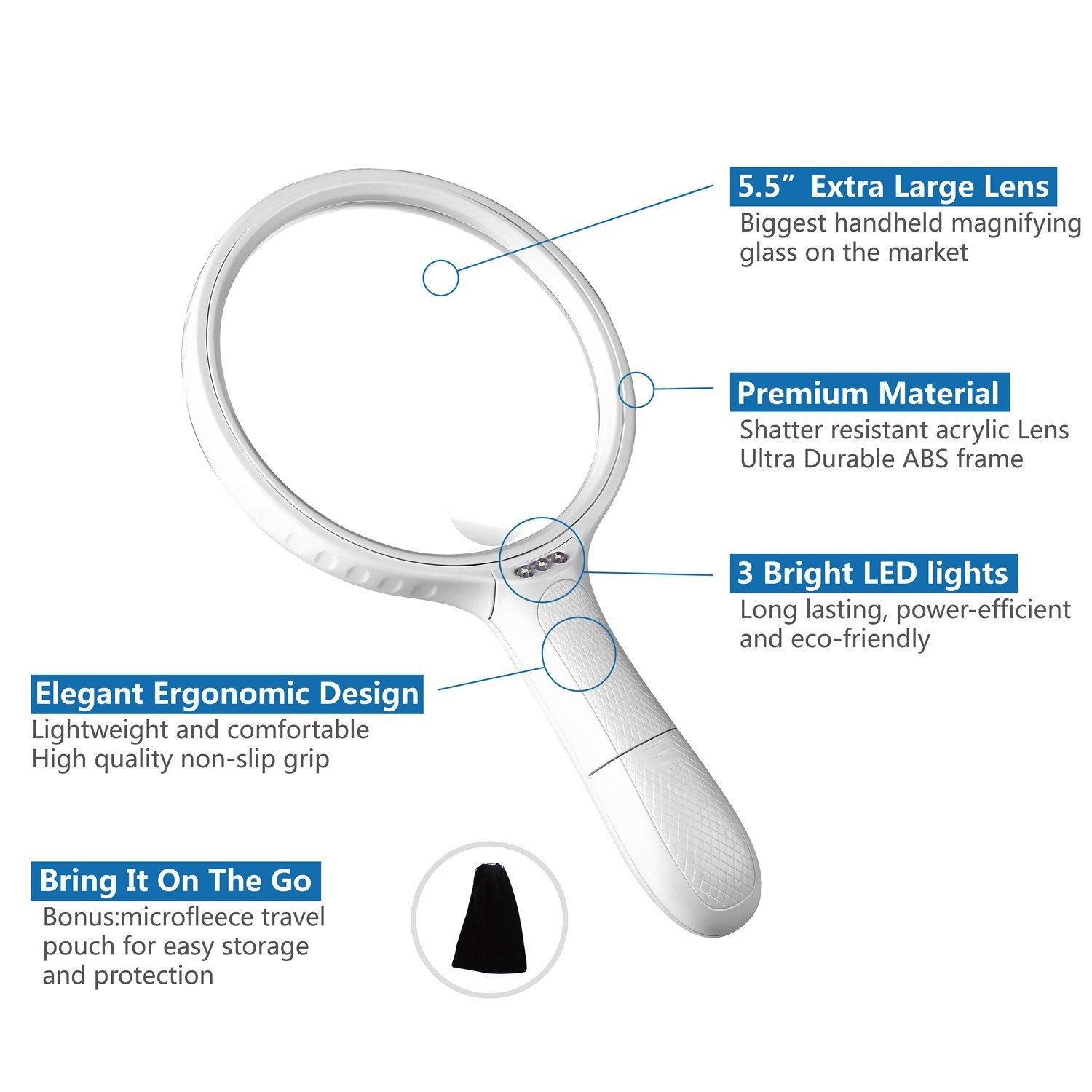 YOCTOSUN Large Magnifying Glass with Light 1.8X Lens 5X Zoom 5.5 Inch