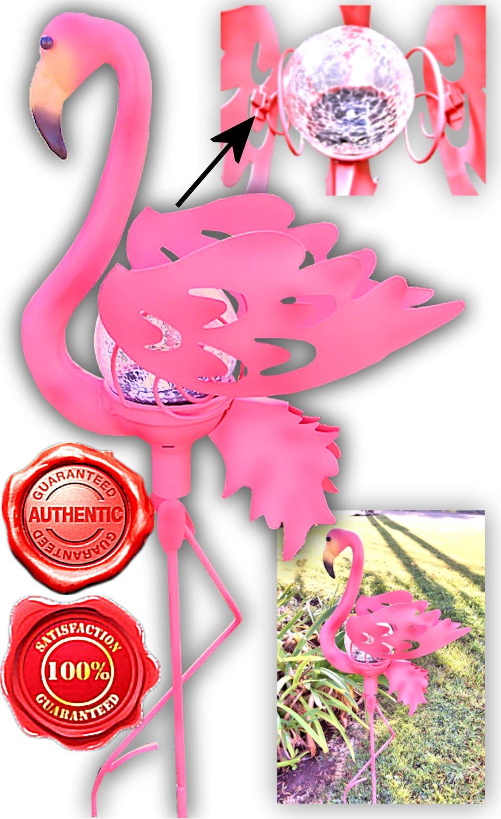 Lovely Pink Yard Flamingos Garden Stake Solar Crackle Glass Ball Lights